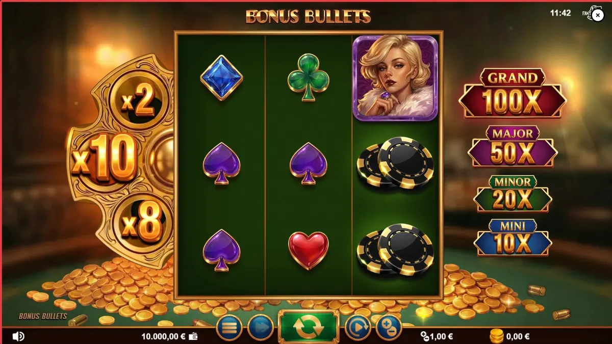 Interface do slot Bonus Bullets com tema de cassino noir e revólver dourado