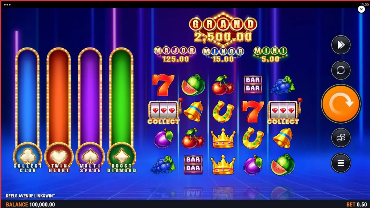 Interface futurista e minimalista do slot Reels Avenue Link&Win com luzes neon